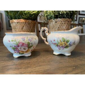 EB Foley 1850 Sugar Bowl Creamer Set Vintage Made in England Flowers Light Blue